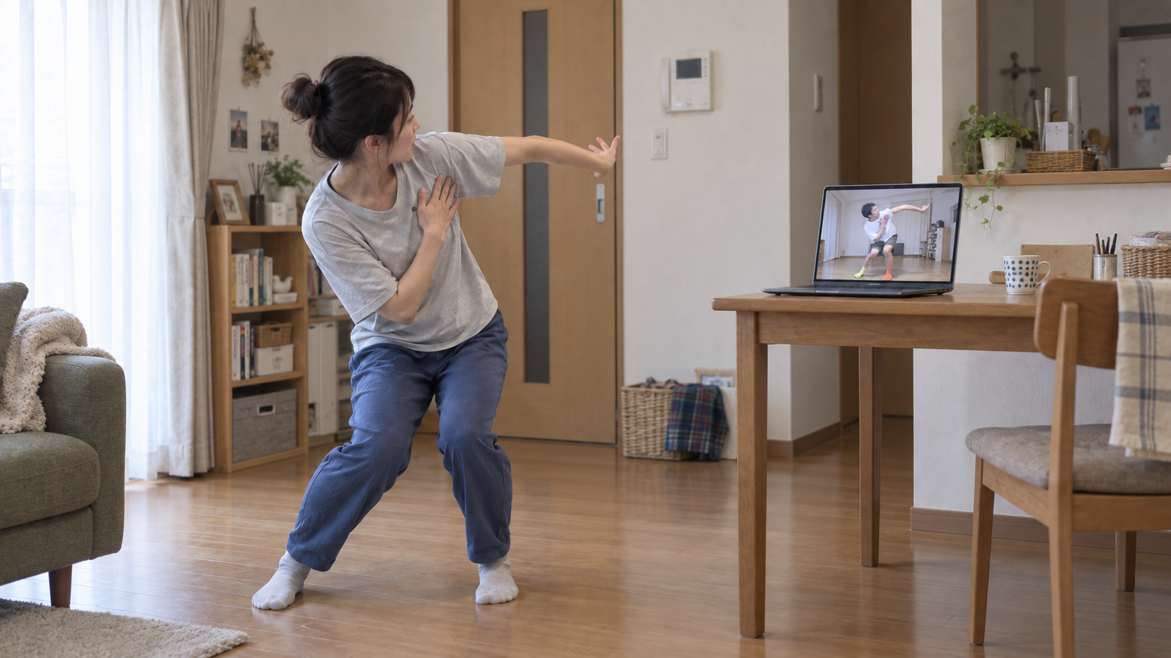 ノートパソコンに映る白髭真二の動きを見ながら、同じポーズで踊る受講者