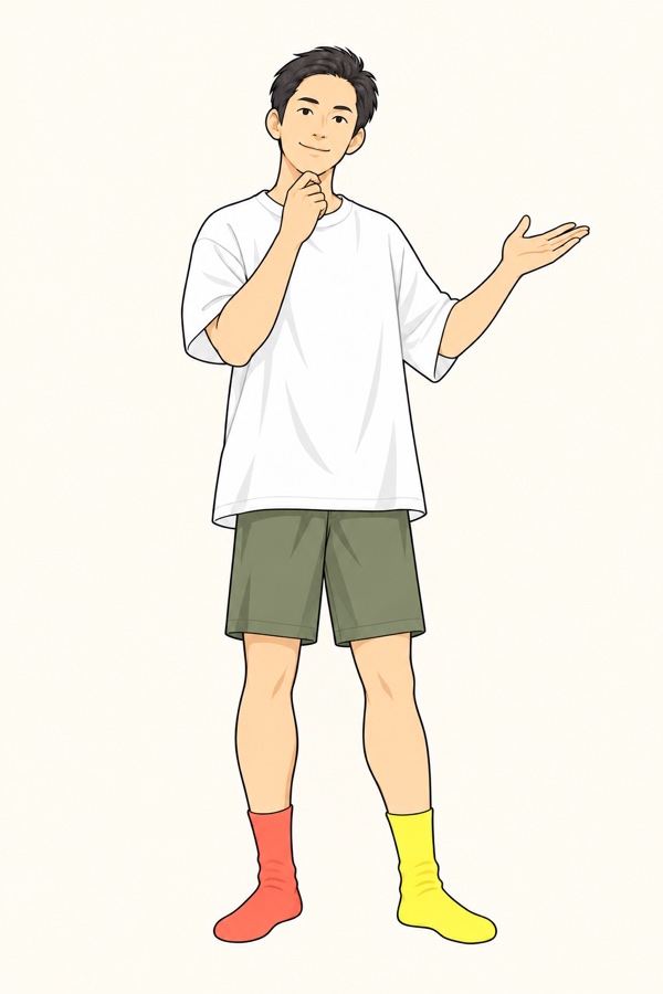 考えながら質問に答える白髭真二の全身イラスト