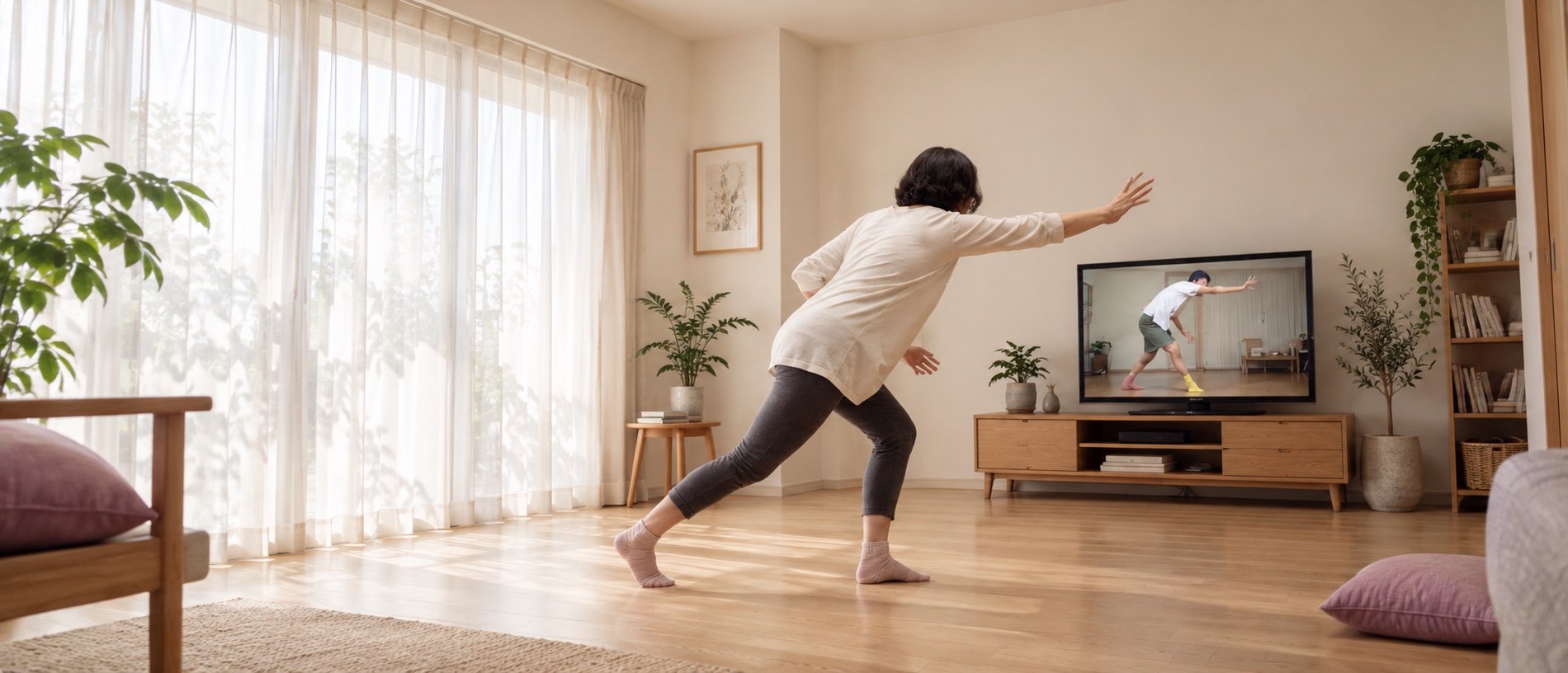 自宅の明るい部屋で、画面の動きを見ながらレッスンを受ける様子