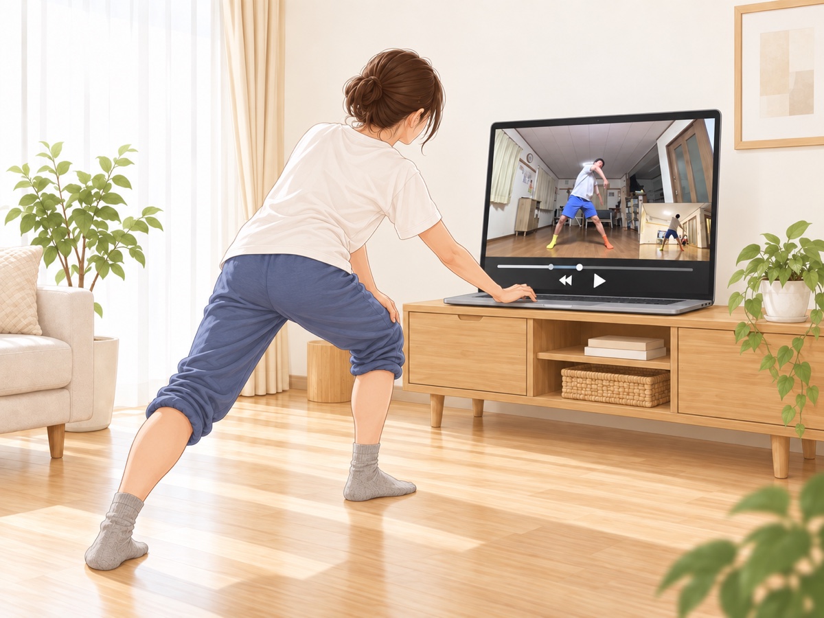 昼の自宅で映像を一時停止・巻き戻しし、白髭真二の正面と後ろ姿を見ながら動きを確かめるアーカイブ受講者