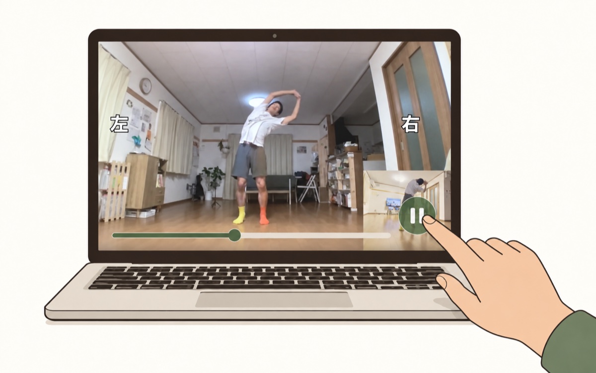 ノートパソコンの画面で2026年6月のアーカイブ映像を一時停止するイラスト