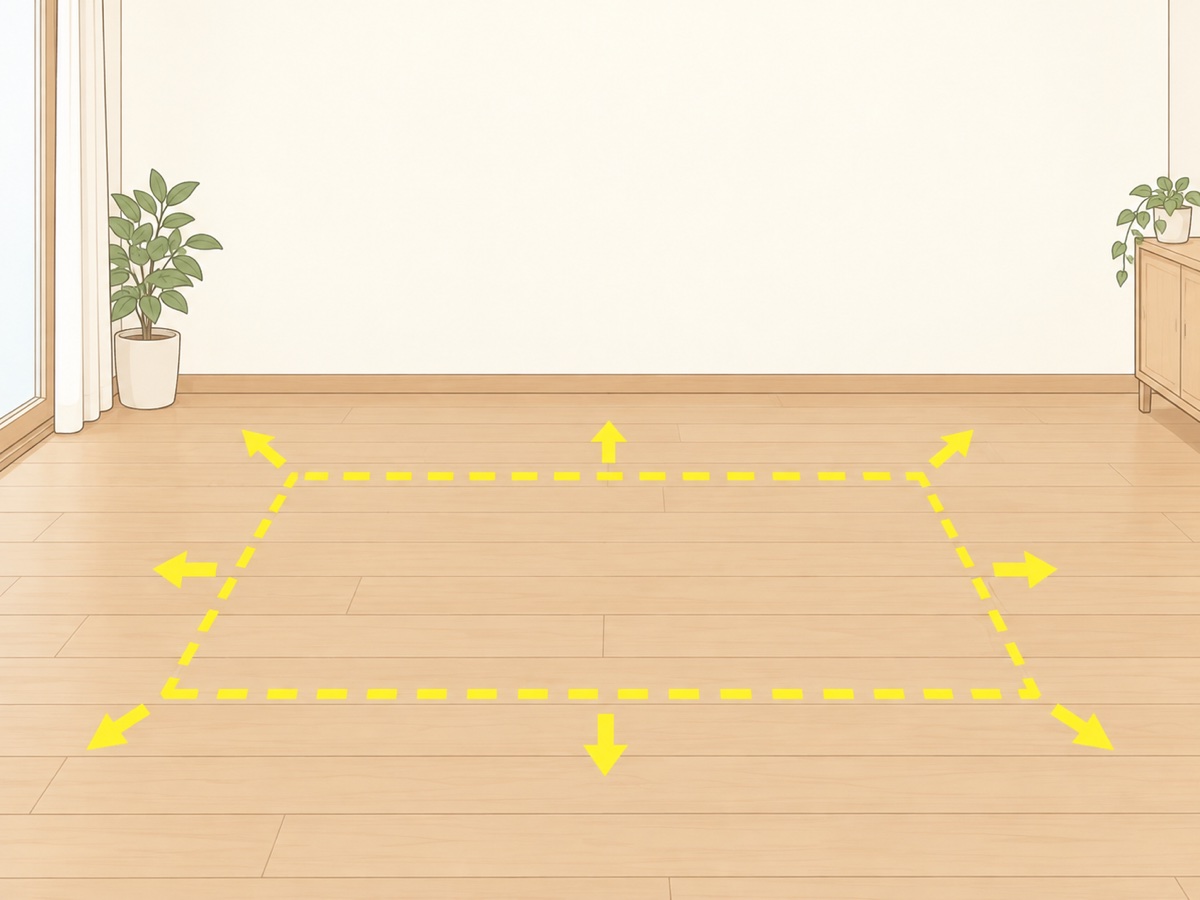 床の上に黄色い点線と矢印で示した畳2枚分ほどの動ける範囲