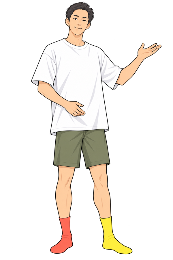 4つの受講準備を笑顔で案内する、背が高く大人らしい白髭真二の全身キャラクター