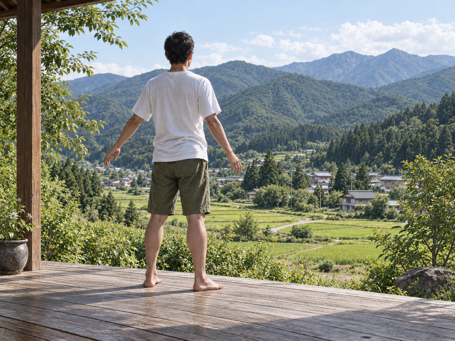 田畑と山々を望みながら、自分の身体の感覚を確かめる男性の後ろ姿