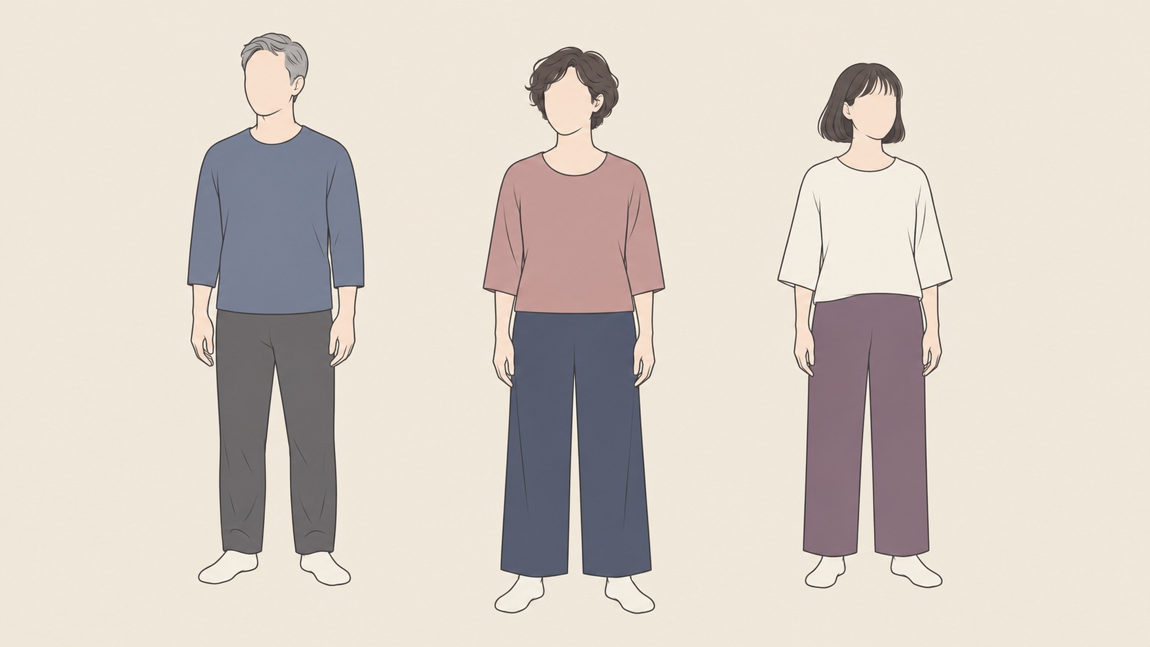 複数の声を表す、表情や動きのない3人のシンプルな人物イラスト